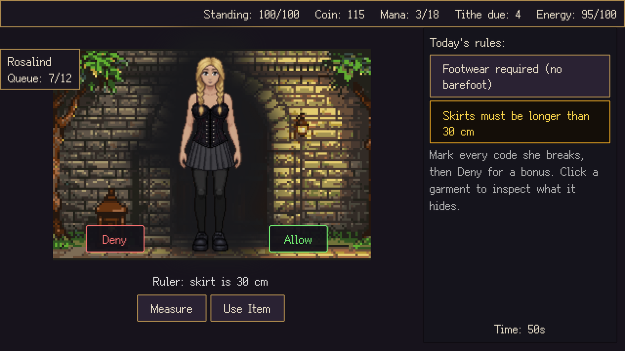 Measuring a student's skirt against the day's dress code at the gate